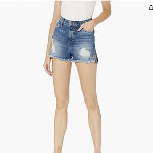GUESS High Rise Distressed Blue Denim Raw Hem EUC Side Slits Sz 29 Jean Shorts